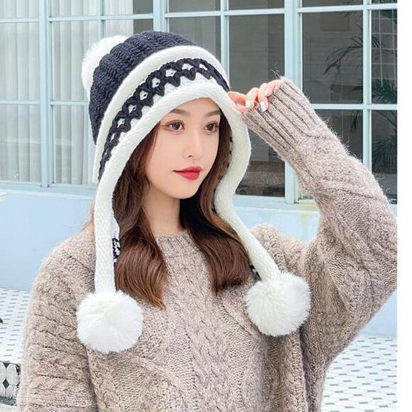 Black Pompom Cable Knit Peruvian Beanie Hat Fluffy Slouchy Winter Trapper Hat - Picture 2 of 4